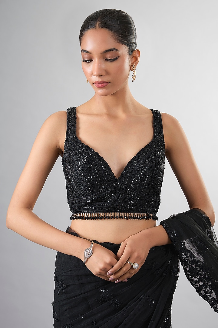 Black Net Organza Cutdana Work Wedding Saree Set by Pallavi Poddar (India) at Pernia's Pop Up Shop