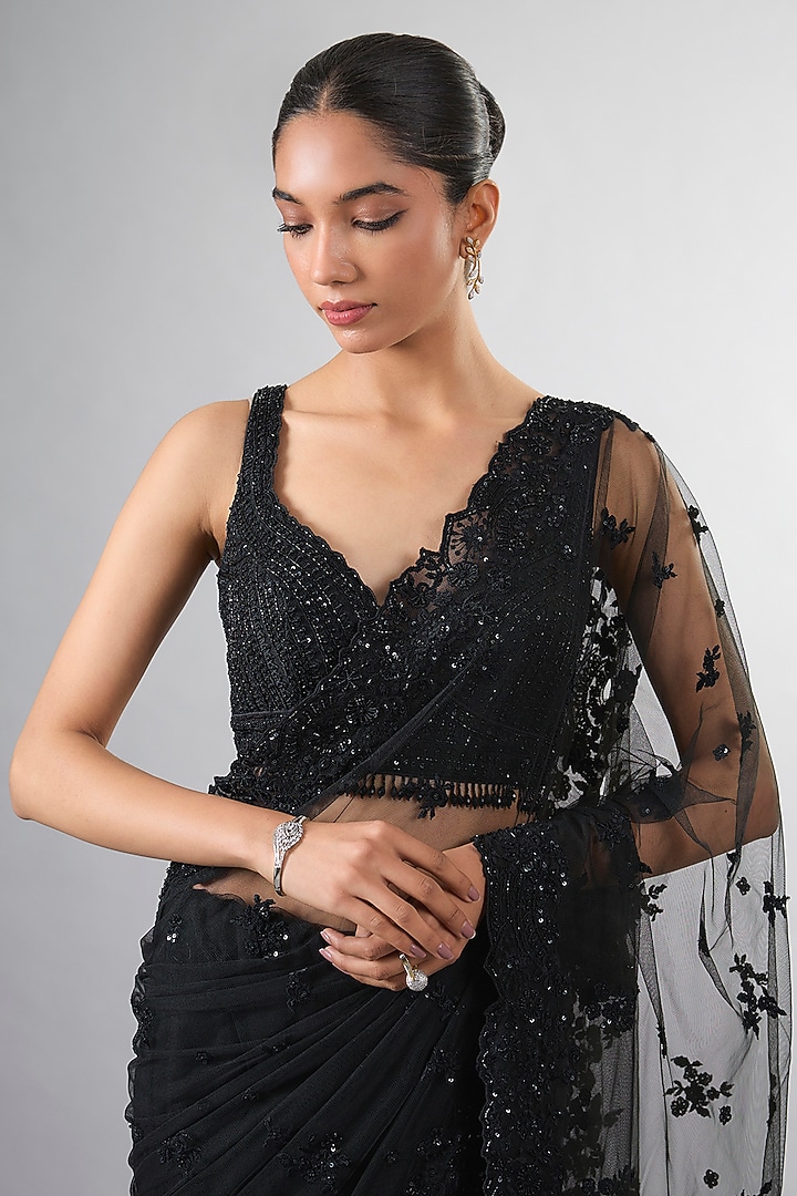 Black Net Organza Cutdana Work Wedding Saree Set by Pallavi Poddar (India) at Pernia's Pop Up Shop