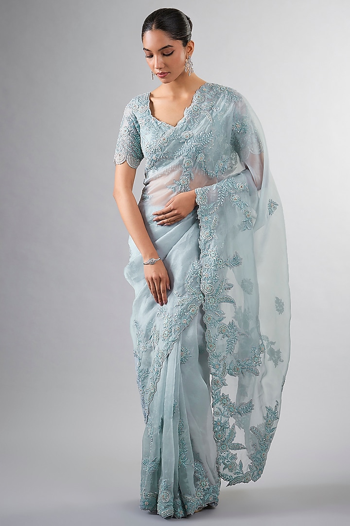 Blue Organza Resham & Cutdana Work Reception Saree Set by Pallavi Poddar (India) at Pernia's Pop Up Shop