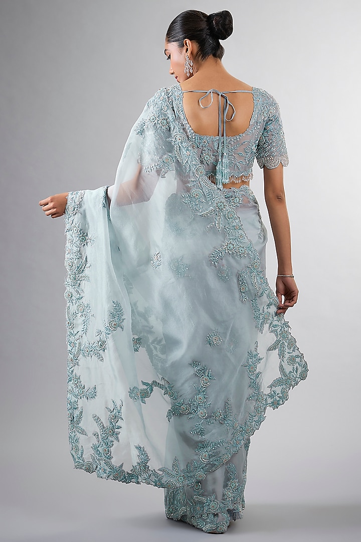 Blue Organza Resham & Cutdana Work Reception Saree Set by Pallavi Poddar (India) at Pernia's Pop Up Shop