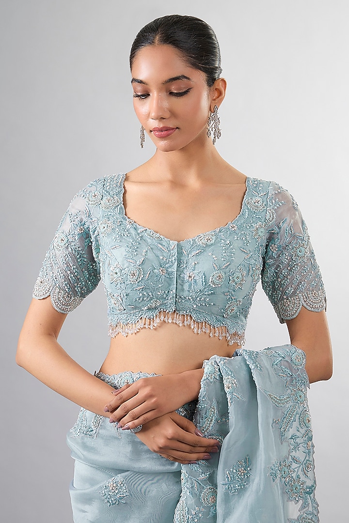 Blue Organza Resham & Cutdana Work Reception Saree Set by Pallavi Poddar (India) at Pernia's Pop Up Shop