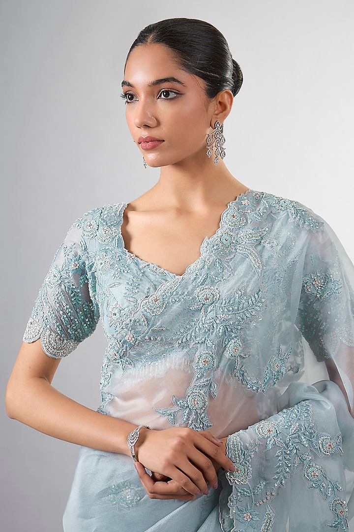 Blue Organza Resham & Cutdana Work Reception Saree Set by Pallavi Poddar (India) at Pernia's Pop Up Shop
