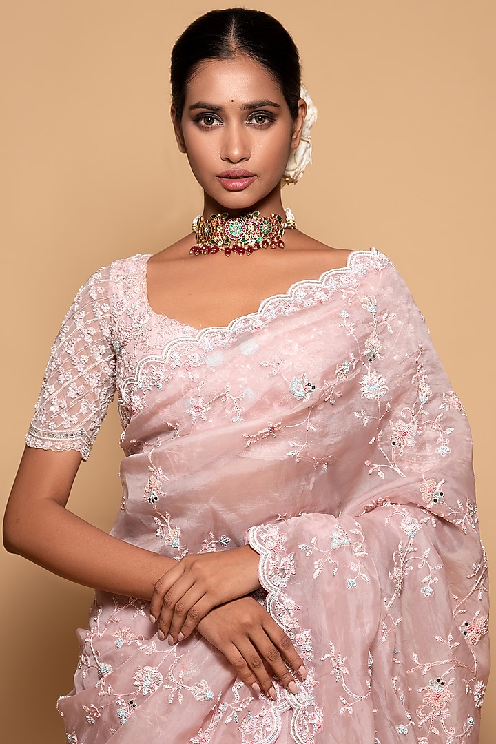 Pink Organza Hand Woven Embroidered Reception Saree Set by Pallavi Poddar (India) at Pernia's Pop Up Shop