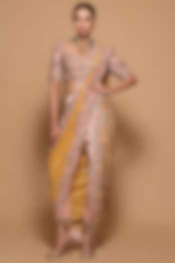 Mustard & Pink Tissue Embroidered Pre-Draped Pant Saree Set by Pallavi Poddar (India)