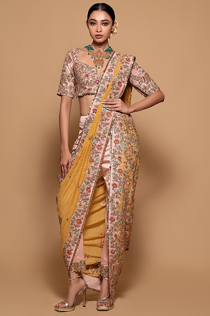 Mustard & Pink Tissue Embroidered Pre-Draped Saree Set by Pallavi Poddar (India)