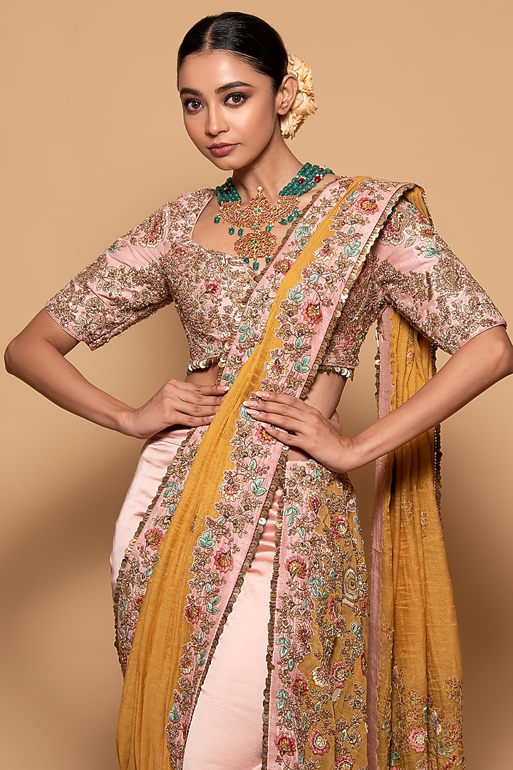 Mustard & Pink Tissue Embroidered Pre-Draped Pant Reception Saree Set by Pallavi Poddar (India) at Pernia's Pop Up Shop