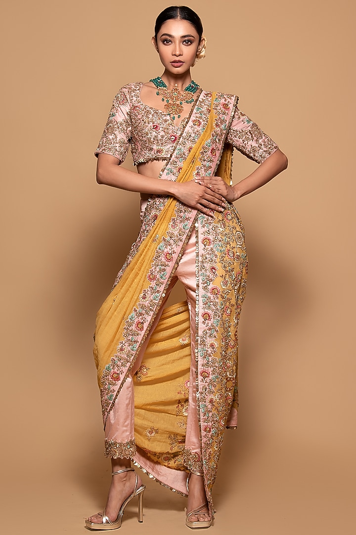 Mustard & Pink Tissue Embroidered Pre-Draped Pant Reception Saree Set by Pallavi Poddar (India) at Pernia's Pop Up Shop