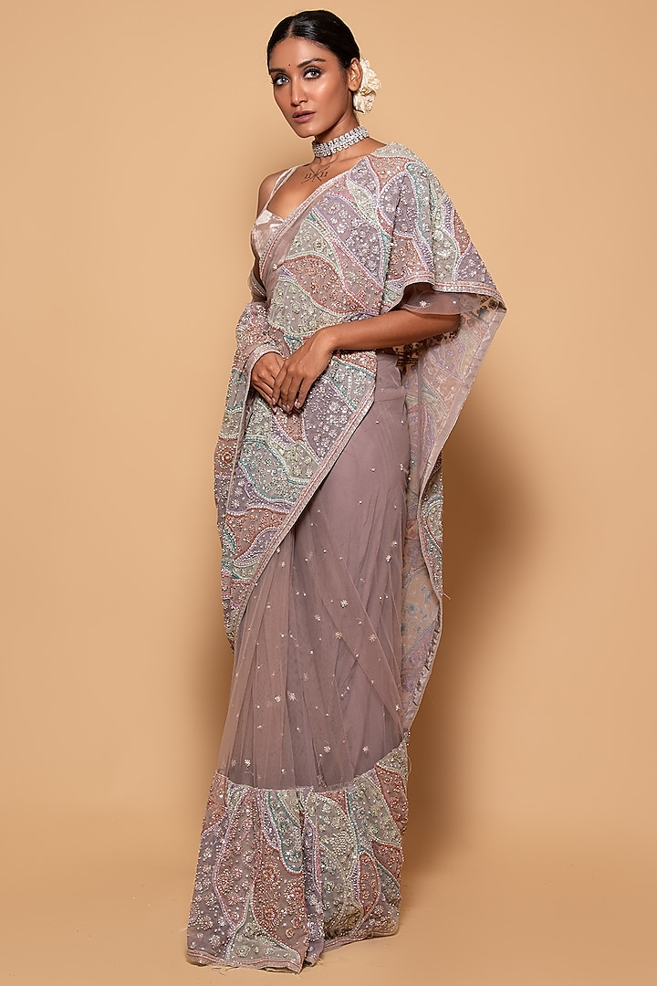 Lavender Tulle Embroidered Saree Set by Pallavi Poddar (India)
