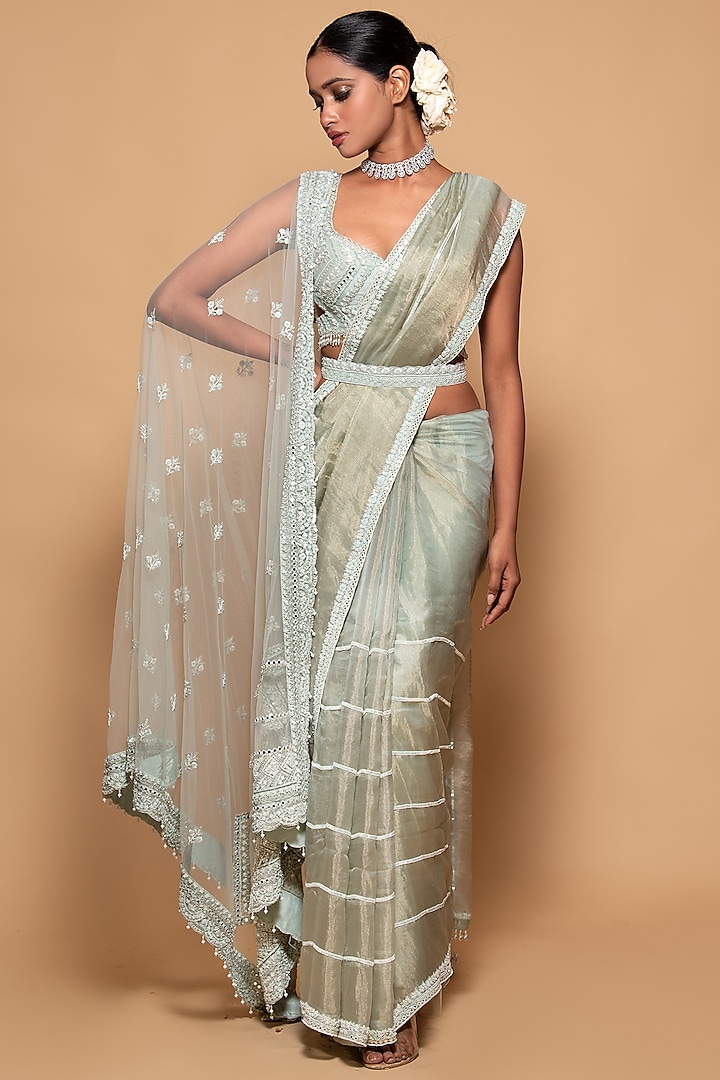 Mint Green Tissue Embroidered Saree Set by Pallavi Poddar (India)