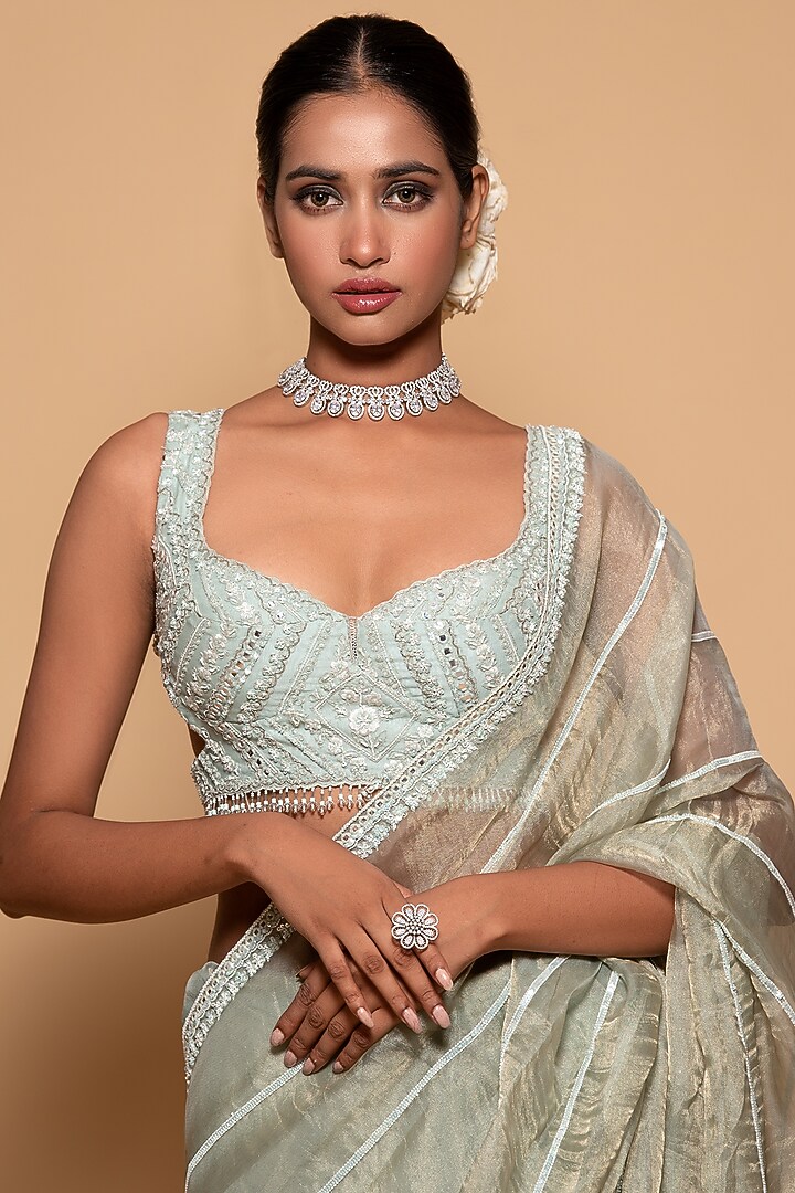 Mint Green Tissue Embroidered Reception Saree Set by Pallavi Poddar (India) at Pernia's Pop Up Shop