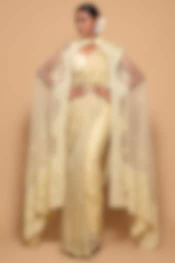 Pastel Yellow Tissue & Net Mirror Embroidered Jacket Saree Set by Pallavi Poddar (India)