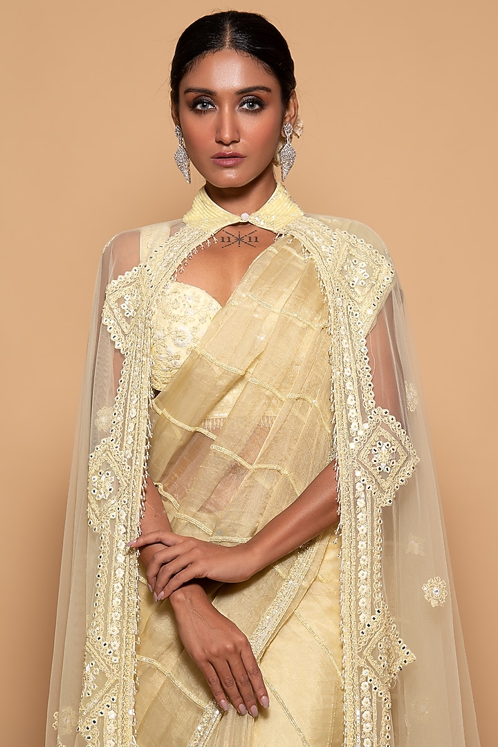 Pastel Yellow Tissue & Net Mirror Embroidered Jacket Reception Saree Set by Pallavi Poddar (India) at Pernia's Pop Up Shop