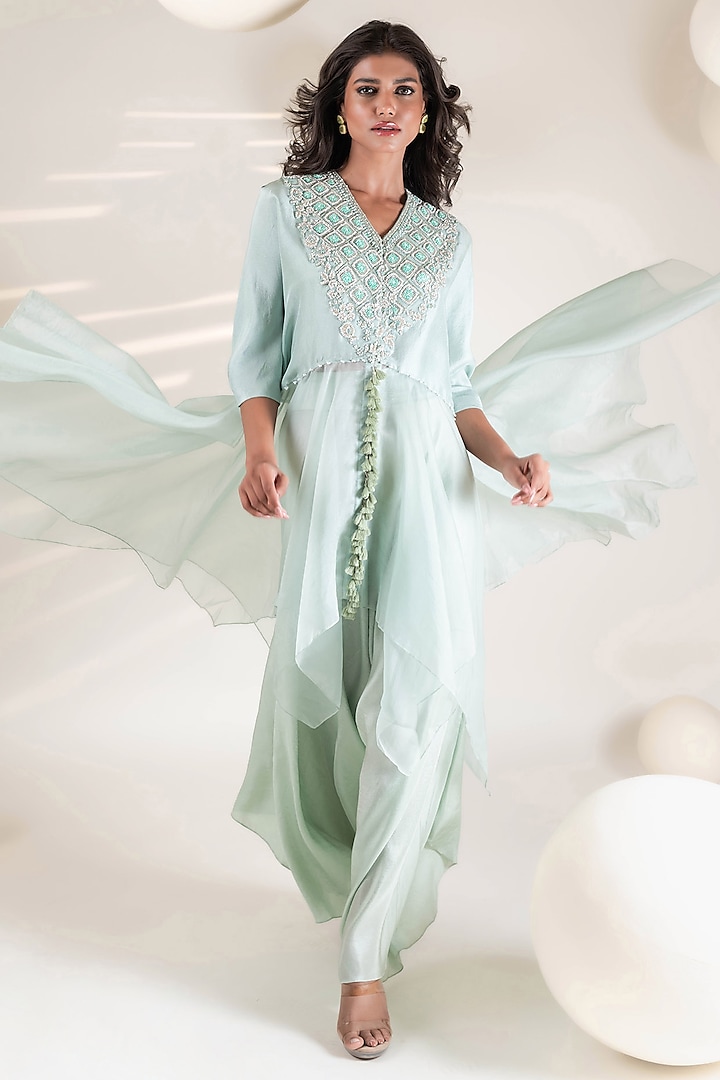 Aqua Dupion & Organza Sequins Embroidered Flowy Tunic Set by Pallavi Poddar (India) at Pernia's Pop Up Shop