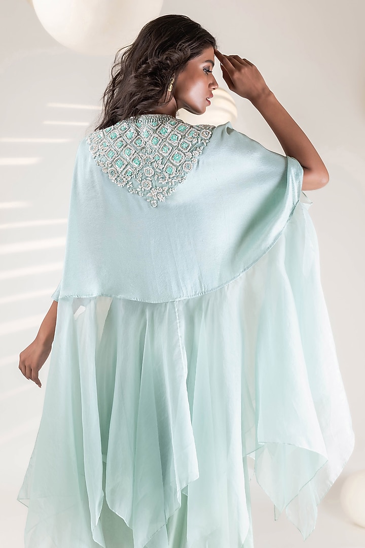 Aqua Dupion & Organza Sequins Embroidered Flowy Tunic Set by Pallavi Poddar (India) at Pernia's Pop Up Shop