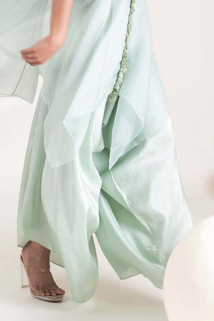 Aqua Dupion & Organza Sequins Embroidered Flowy Tunic Set by Pallavi Poddar (India) at Pernia's Pop Up Shop