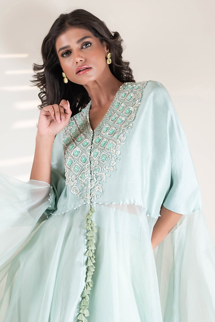 Aqua Dupion & Organza Sequins Embroidered Flowy Tunic Set by Pallavi Poddar (India) at Pernia's Pop Up Shop