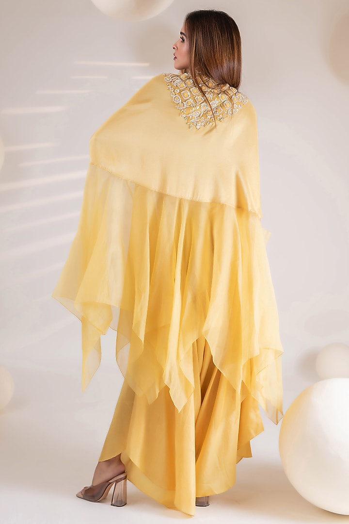 Yellow Dupion & Organza Sequins Embroidered Flowy Tunic Set by Pallavi Poddar (India) at Pernia's Pop Up Shop