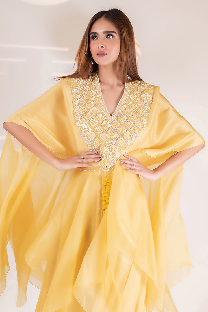 Yellow Dupion & Organza Sequins Embroidered Flowy Tunic Set by Pallavi Poddar (India) at Pernia's Pop Up Shop
