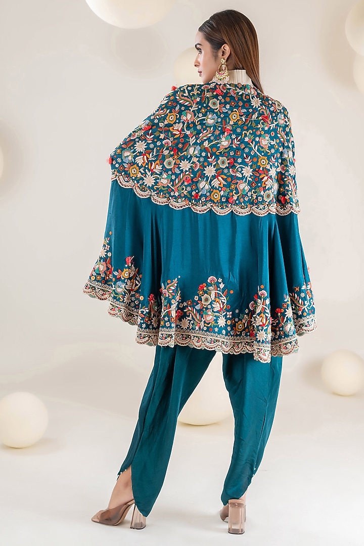 Peacock Blue Dupion Floral Resham & Zardosi Embroidered Cape Set by Pallavi Poddar (India) at Pernia's Pop Up Shop