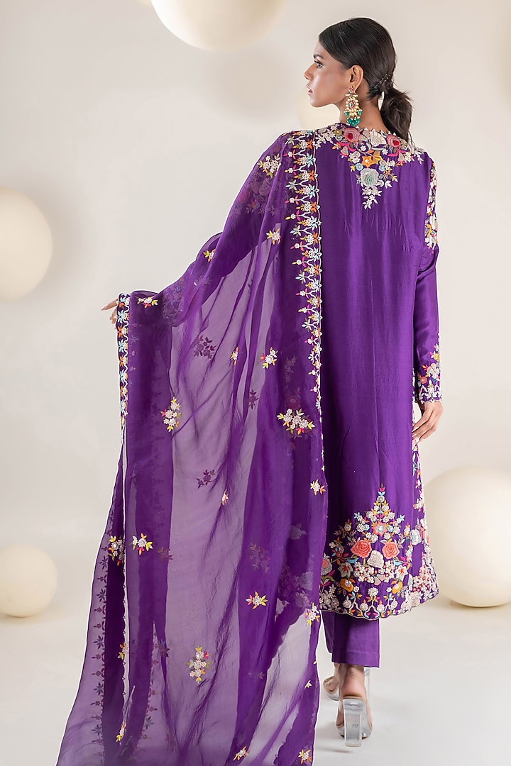 Purple Dupion Zardosi Embroidered Kurta Set by Pallavi Poddar (India) at Pernia's Pop Up Shop