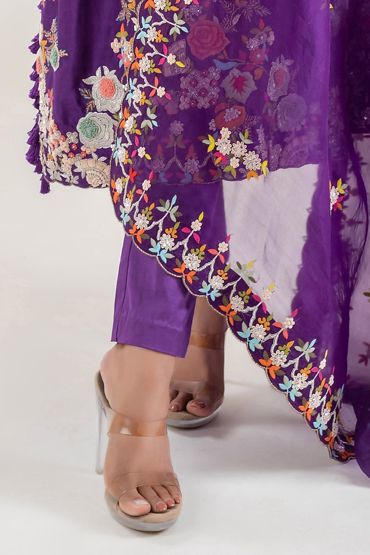Purple Dupion Zardosi Embroidered Kurta Set by Pallavi Poddar (India) at Pernia's Pop Up Shop