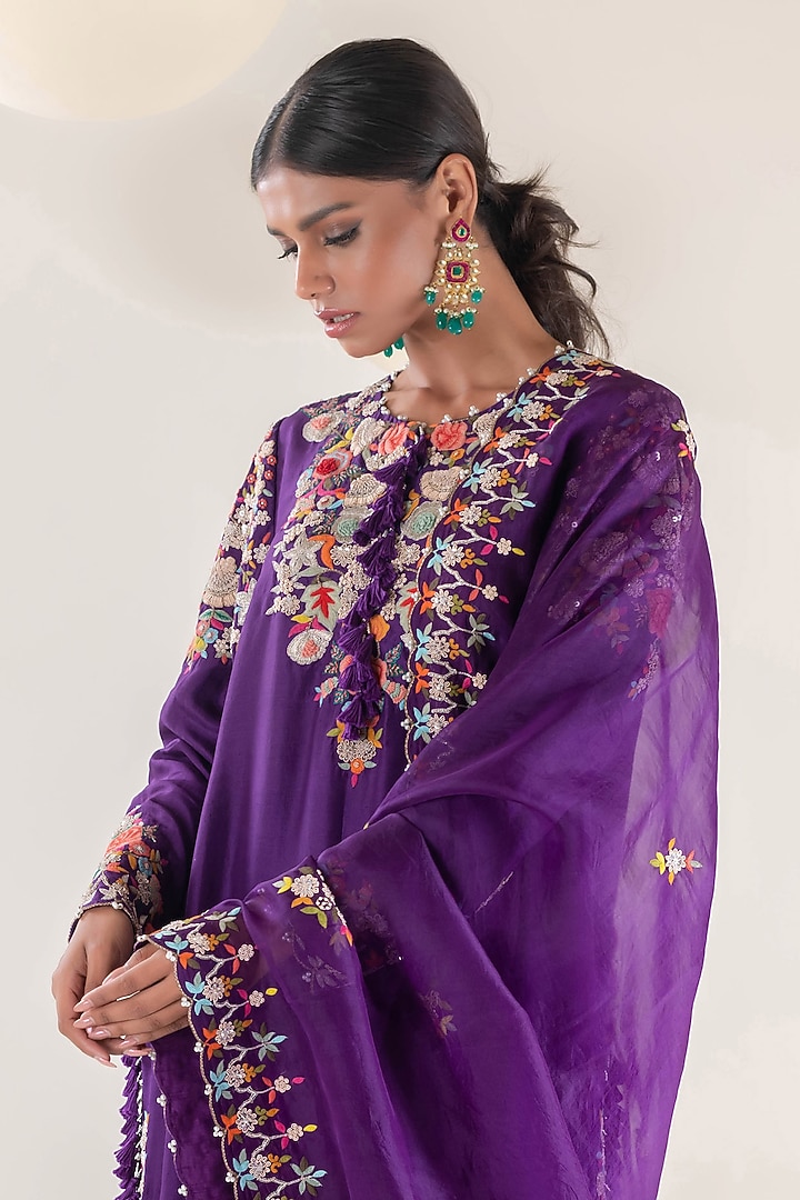 Purple Dupion Zardosi Embroidered Kurta Set by Pallavi Poddar (India) at Pernia's Pop Up Shop