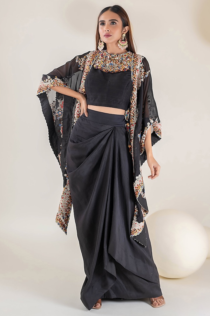 Black Organza Resham & Zardosi Embroidered Cape Set by Pallavi Poddar (India) at Pernia's Pop Up Shop