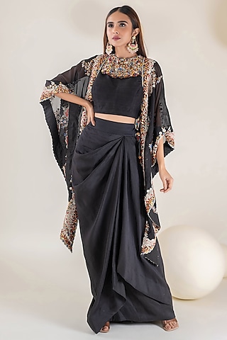 Black Organza Resham & Zardosi Embroidered Cape Set by Pallavi Poddar (India)
