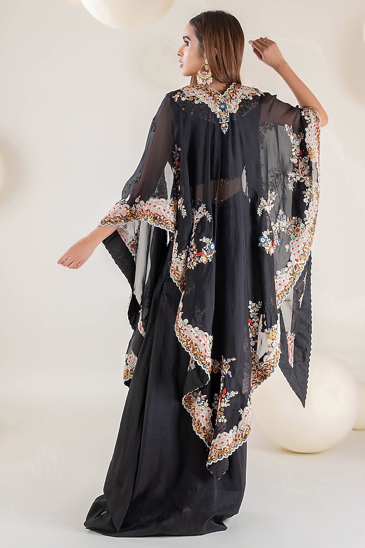 Black Organza Resham & Zardosi Embroidered Cape Set by Pallavi Poddar (India) at Pernia's Pop Up Shop