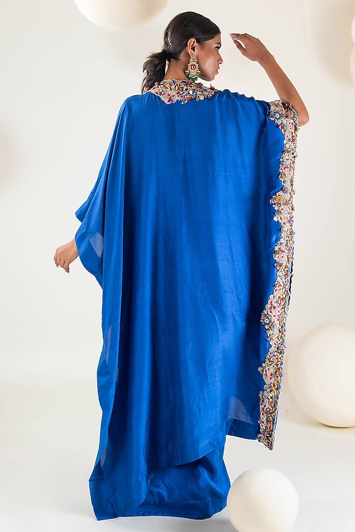 Royal Blue Dupion Resham & Zardosi Embroidered Kaftan Set by Pallavi Poddar (India) at Pernia's Pop Up Shop