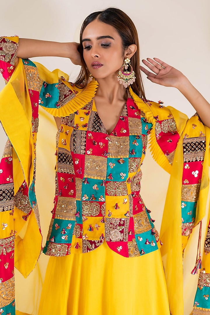 Yellow Dupion Layered Skirt Set by Pallavi Poddar (India) at Pernia's Pop Up Shop