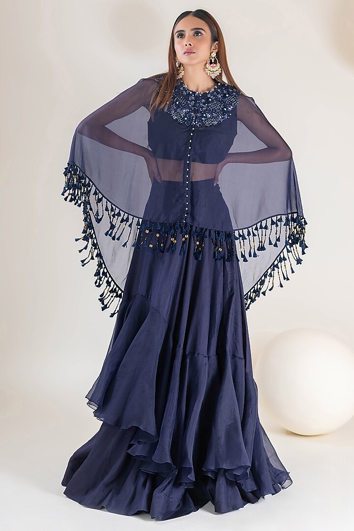 Navy Blue Dupion & Organza Floral Embroidered Cape Set by Pallavi Poddar (India)