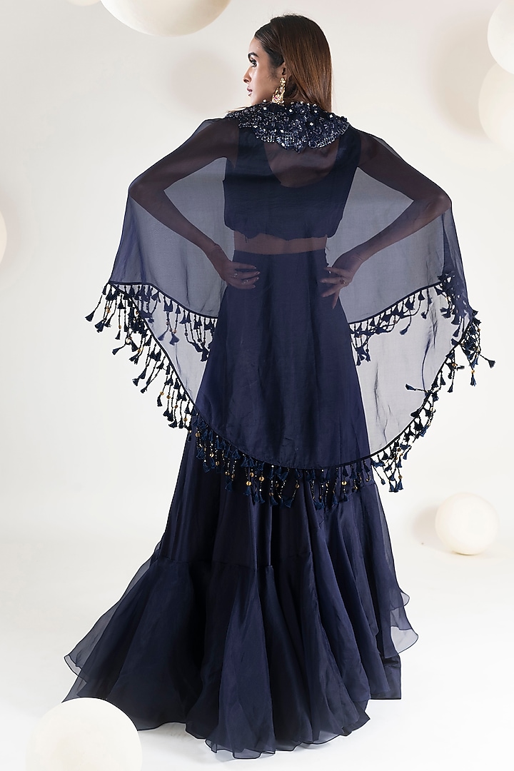 Navy Blue Dupion & Organza Floral Embroidered Cape Set by Pallavi Poddar (India) at Pernia's Pop Up Shop