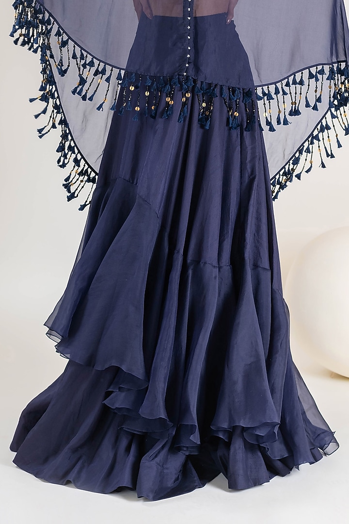 Navy Blue Dupion & Organza Floral Embroidered Cape Set by Pallavi Poddar (India) at Pernia's Pop Up Shop