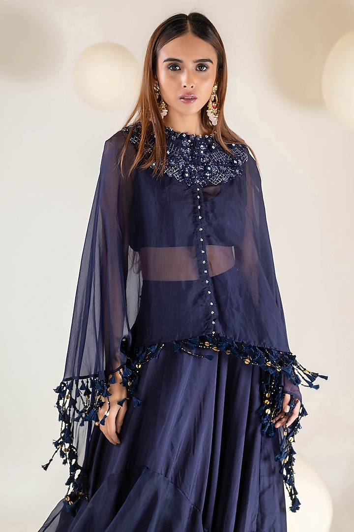 Navy Blue Dupion & Organza Floral Embroidered Cape Set by Pallavi Poddar (India) at Pernia's Pop Up Shop