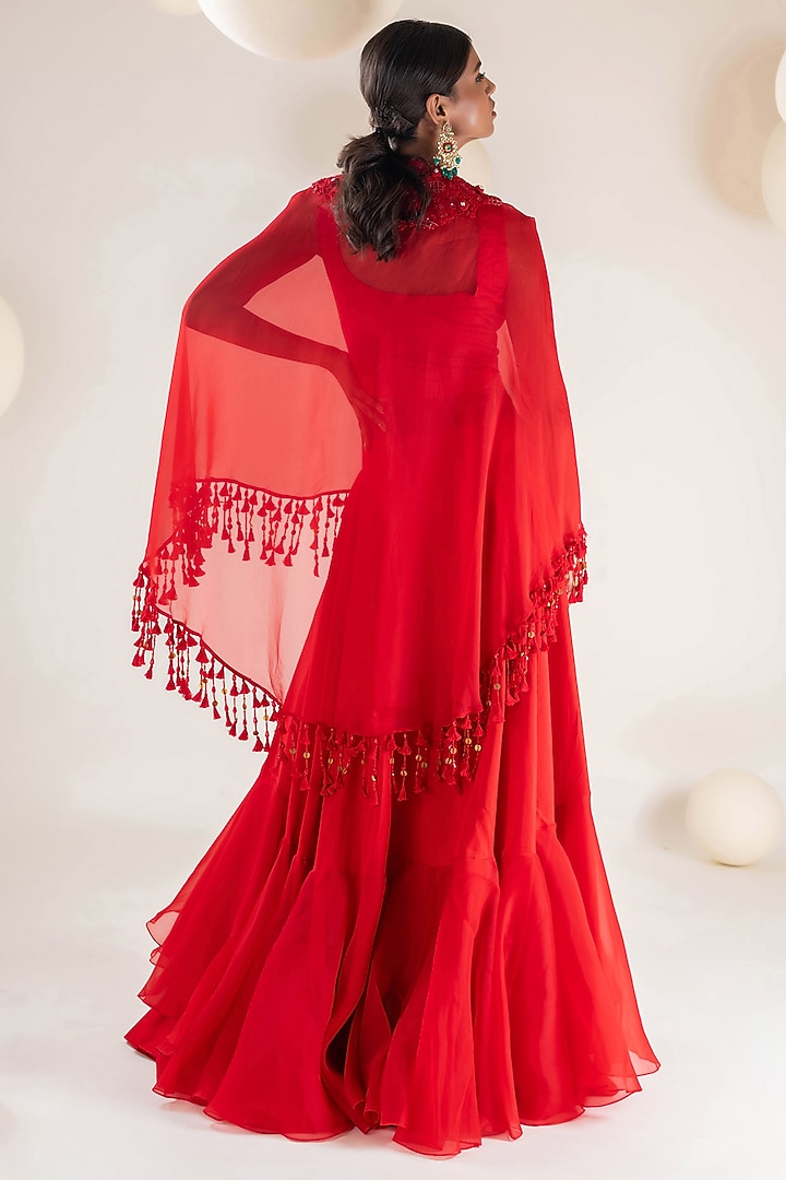 Red Dupion & Organza Floral Embroidered Cape Set by Pallavi Poddar (India) at Pernia's Pop Up Shop