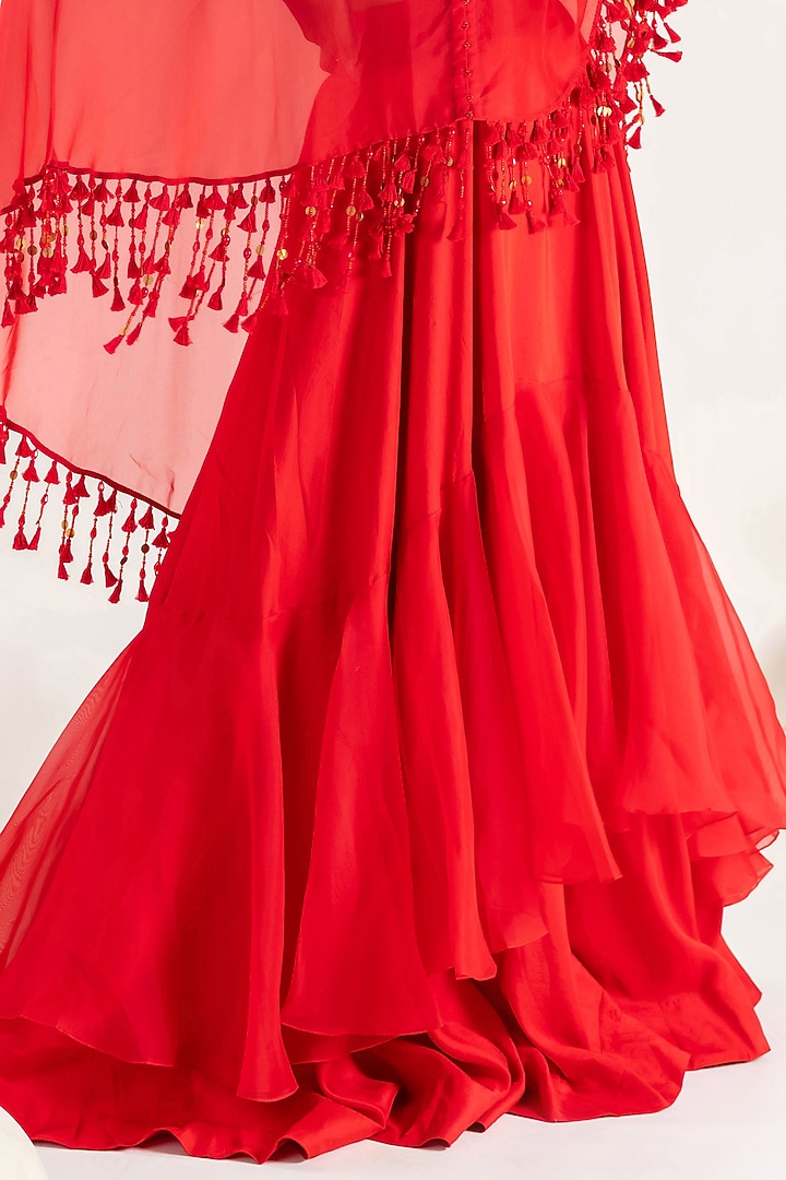 Red Dupion & Organza Floral Embroidered Cape Set by Pallavi Poddar (India) at Pernia's Pop Up Shop