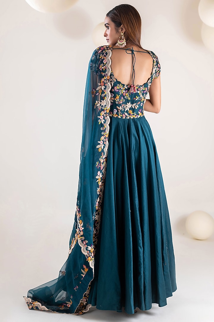 Peacock Blue Chanderi Resham Hand Embroidered Wedding Anarkali Set by Pallavi Poddar (India) at Pernia's Pop Up Shop