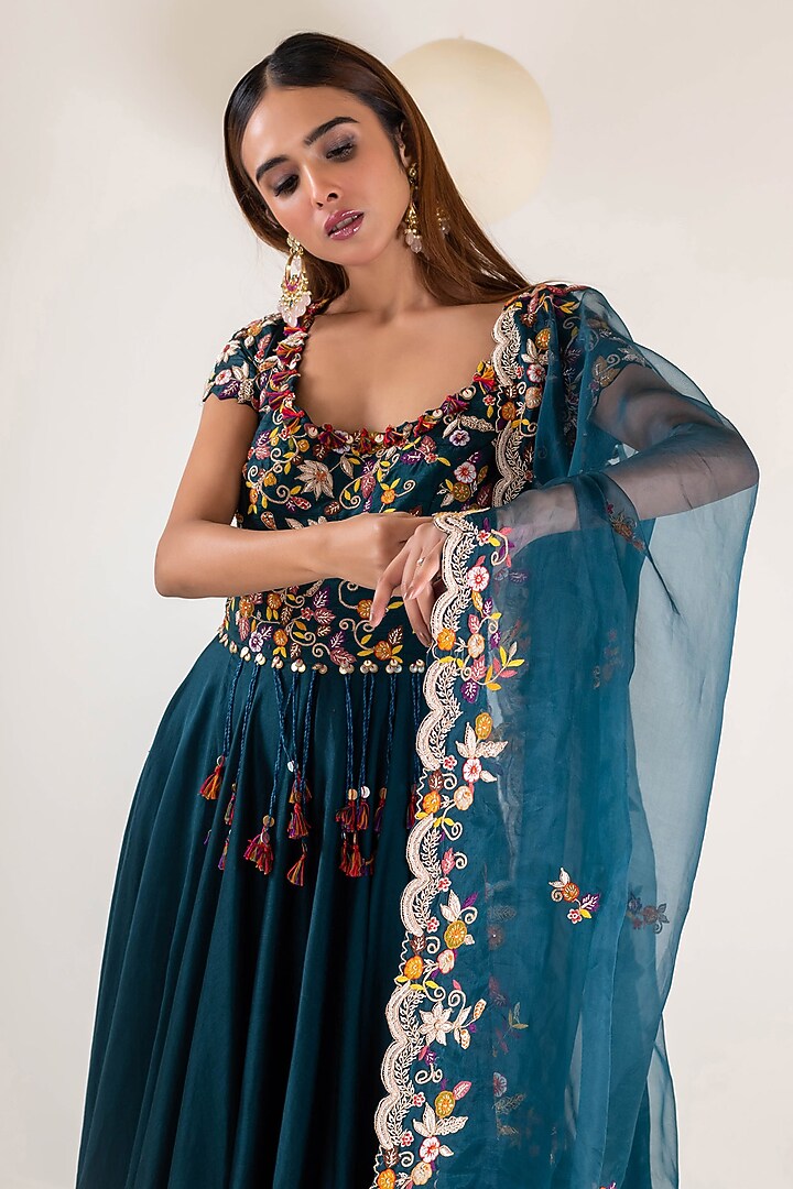 Peacock Blue Chanderi Resham Hand Embroidered Wedding Anarkali Set by Pallavi Poddar (India) at Pernia's Pop Up Shop
