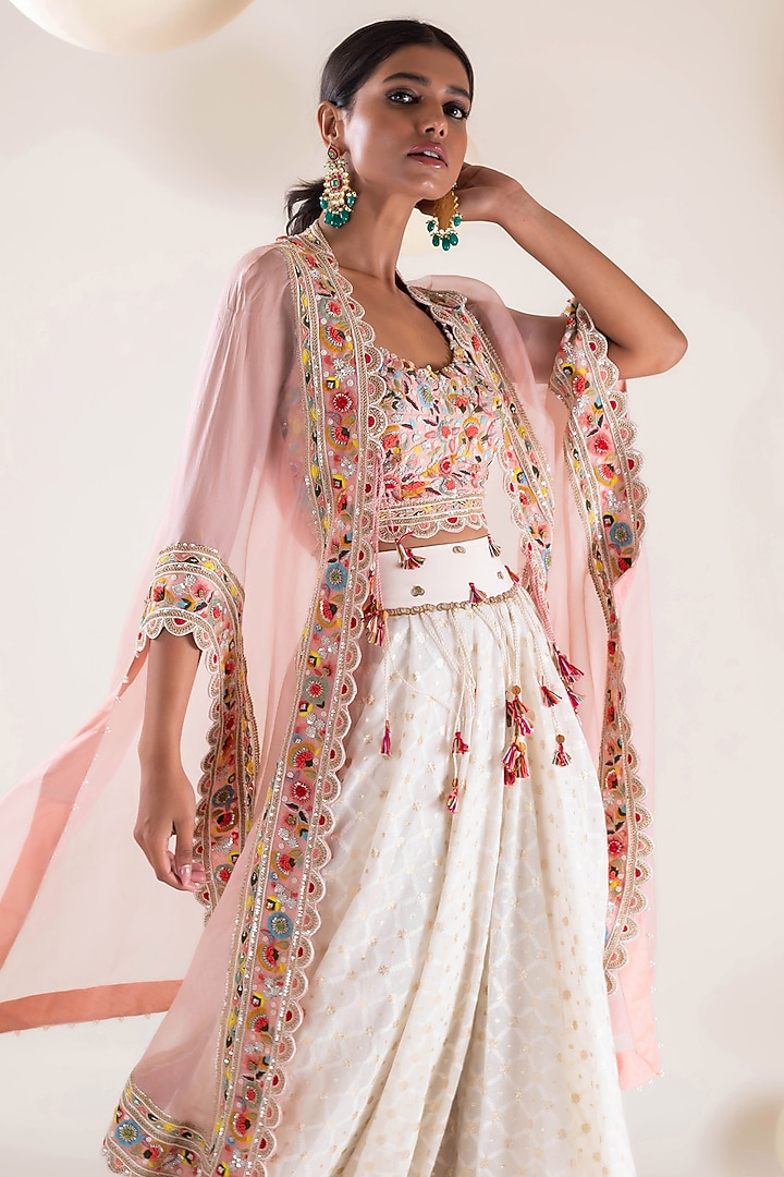Ivory Chanderi Hand Embroidered Jacket Wedding Lehenga Set by Pallavi Poddar (India) at Pernia's Pop Up Shop