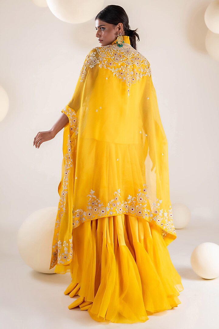 Yellow Organza Thread & Pearl Hand Embellished Cape Set by Pallavi Poddar (India) at Pernia's Pop Up Shop