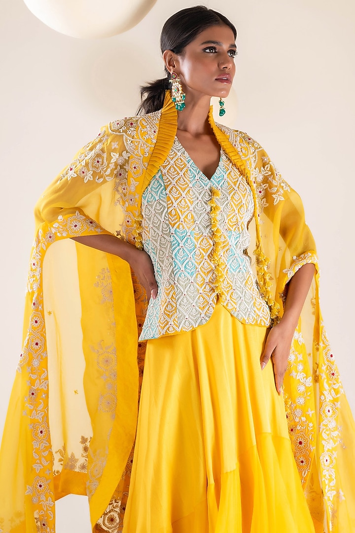 Yellow Organza Thread & Pearl Hand Embellished Cape Set by Pallavi Poddar (India) at Pernia's Pop Up Shop