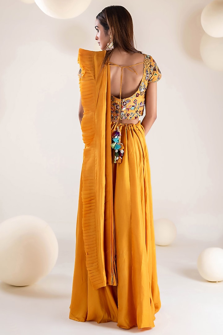 Mustard Dupion Draped Wedding Saree Set by Pallavi Poddar (India) at Pernia's Pop Up Shop