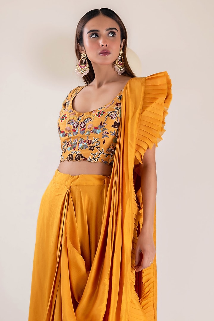 Mustard Dupion Draped Wedding Saree Set by Pallavi Poddar (India) at Pernia's Pop Up Shop
