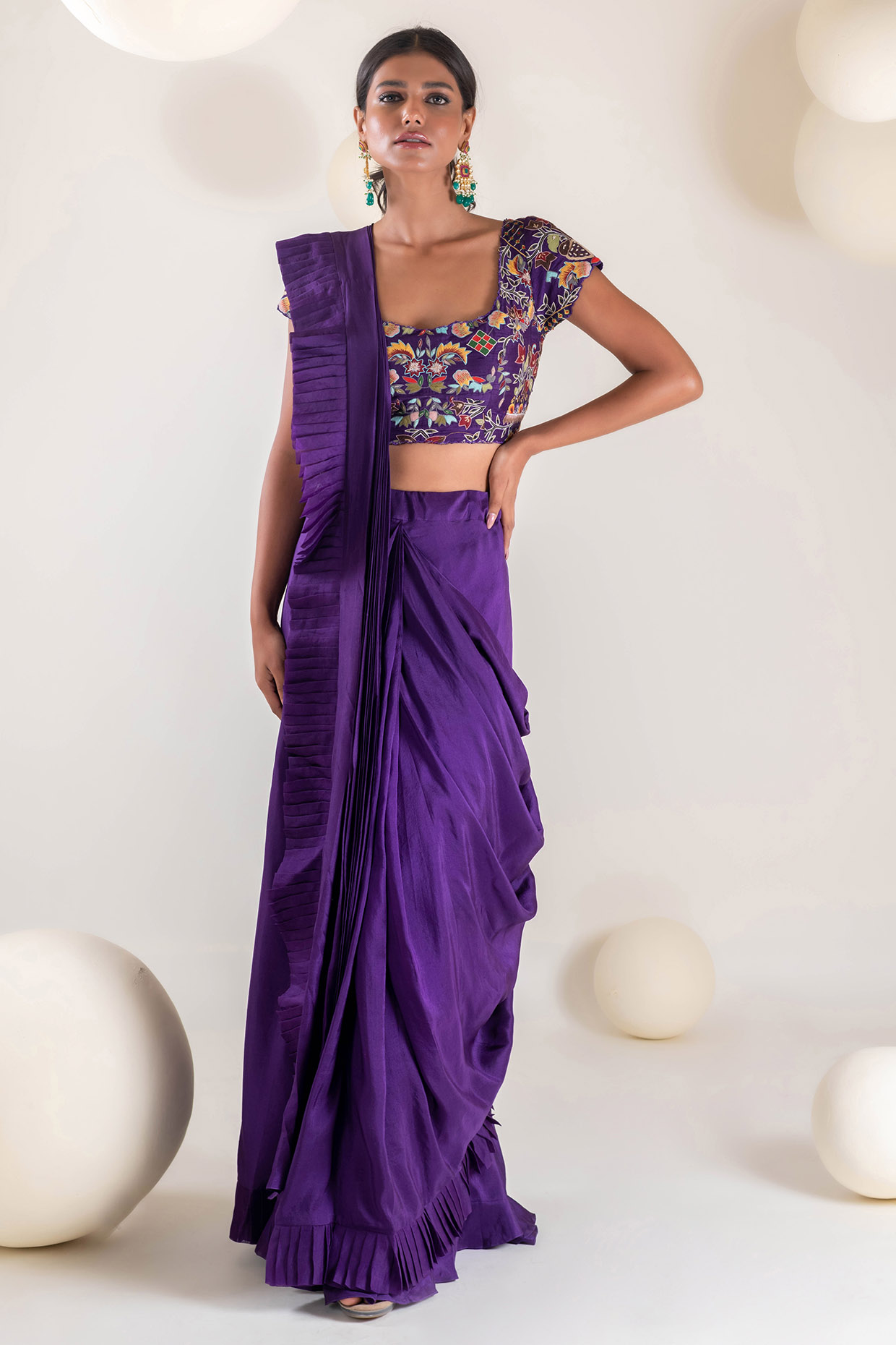 Purple Dupion Draped Wedding Saree Set by Pallavi Poddar (India) at Pernia's Pop Up Shop