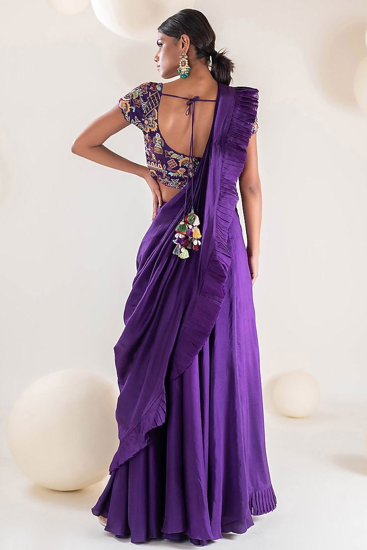 Purple Dupion Draped Wedding Saree Set by Pallavi Poddar (India) at Pernia's Pop Up Shop