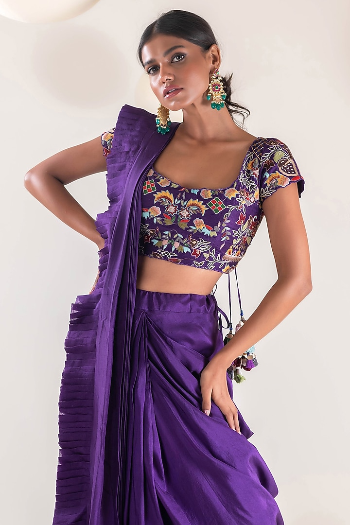 Purple Dupion Draped Wedding Saree Set by Pallavi Poddar (India) at Pernia's Pop Up Shop
