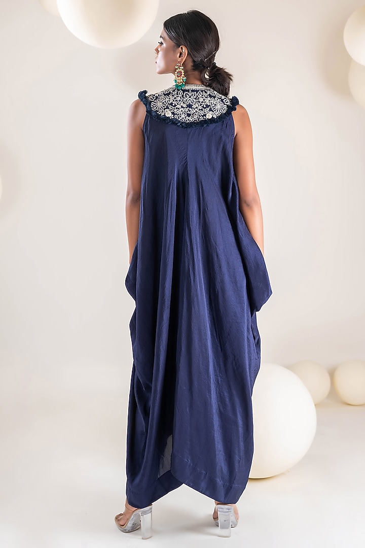 Navy Blue Dupion Tassel & Thread Hand Embroidered Draped Jumpsuit by Pallavi Poddar (India) at Pernia's Pop Up Shop