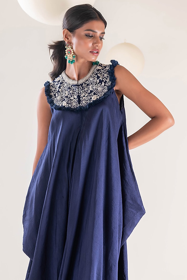 Navy Blue Dupion Tassel & Thread Hand Embroidered Draped Jumpsuit by Pallavi Poddar (India) at Pernia's Pop Up Shop