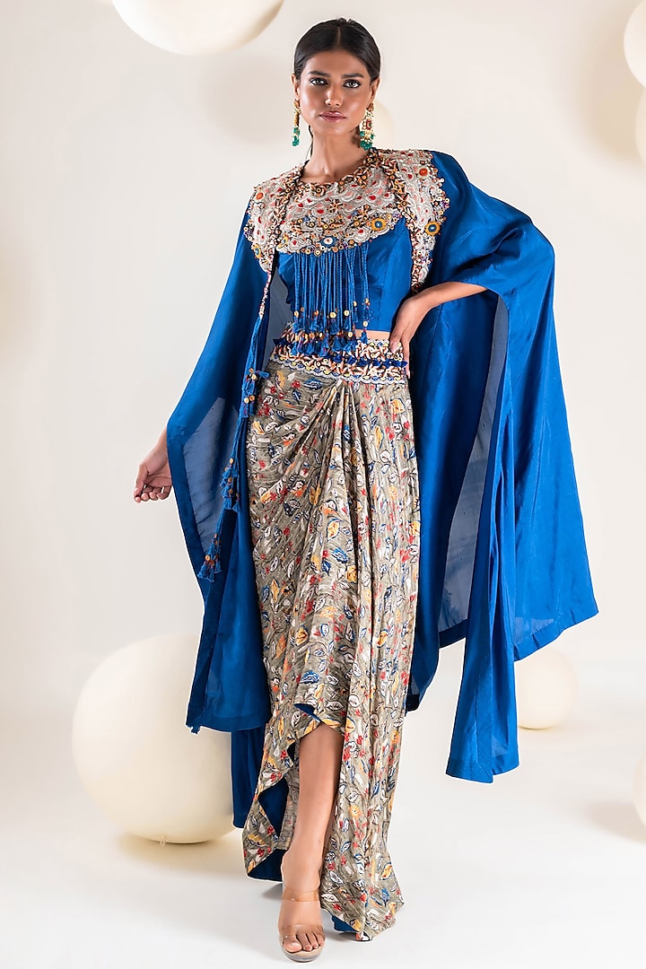Royal Blue Dupion Thread Hand Embroidered Cape Set by Pallavi Poddar (India)